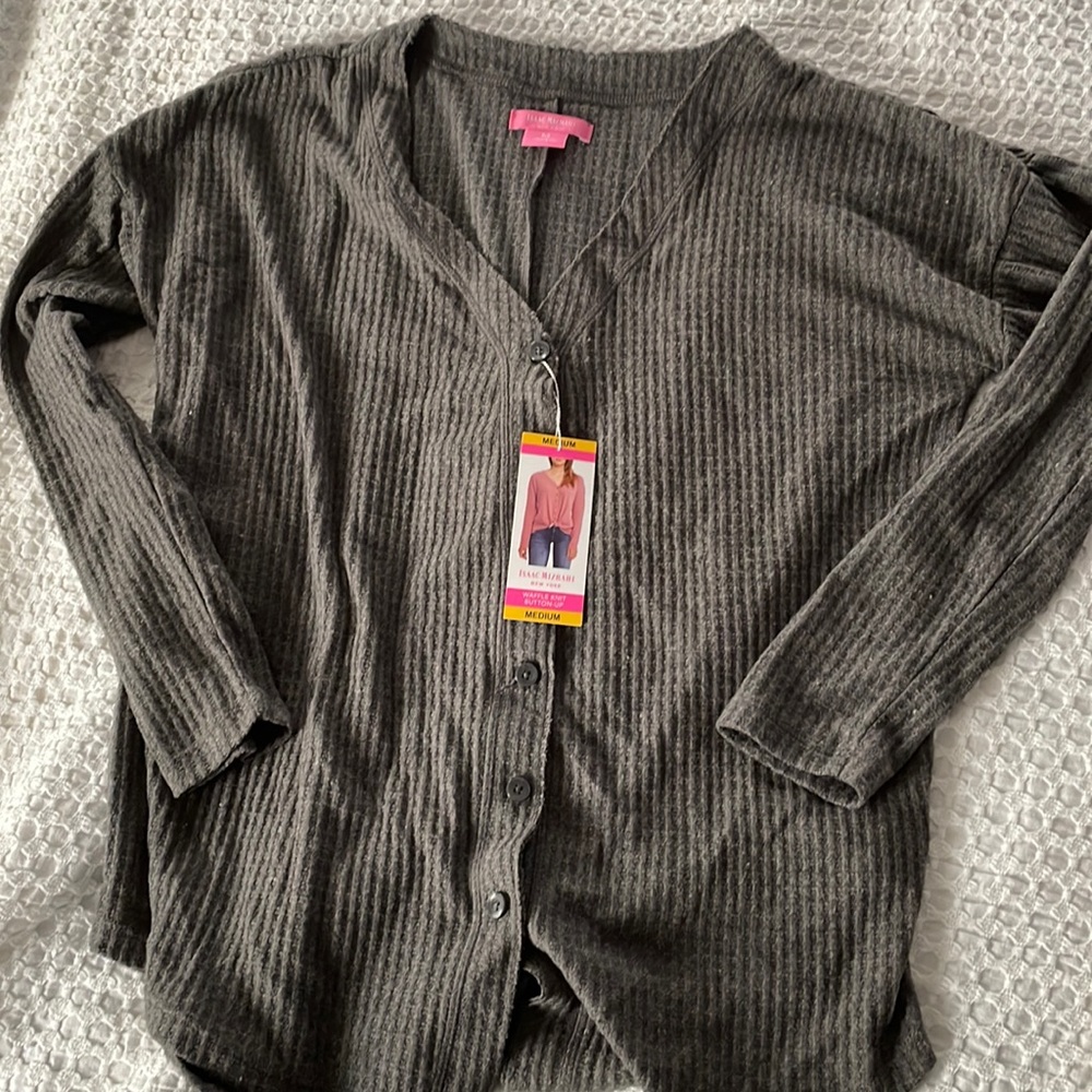 NWT Isaac Mizrahi Button Up Waffle Knit Top